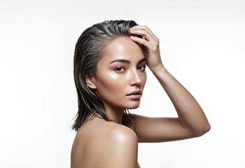 Fototapeta premium Elegant Woman with Long Flowing Hair Posing Gracefully Against a Bright Minimalist White Background - Created by AI