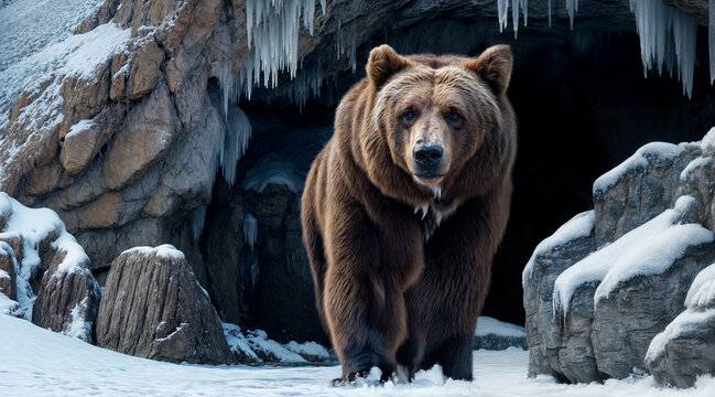  huge grizzly bear emerges from its icy cave in winter.