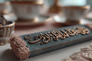 Elegant Arabic calligraphy on a decorative item, evoking tradition and spirituality, set amid fine china and lace in a serene, sophisticated setting.