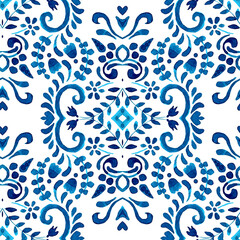 Abstract seamless ornamental watercolor damask arabesque paint pattern. Gorgeous ceramic tile design