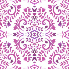 Cute vintage seamless pattern. Purple ornamental watercolor arabesque paint tile of fabric and ceramics