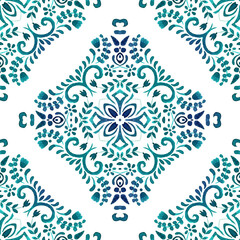 Damask tiled decorative cross with flourishes. Gorgeous seamless watercolor pattern design for tiles