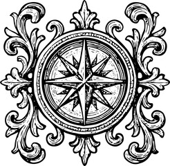 Nautical ornament. Vintage compass rose in sketch style. Vintage illustration