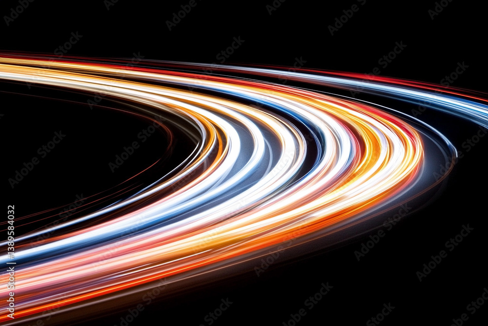 Poster futuristic light trails create dynamic patterns in a dark digital space under a starry night sky