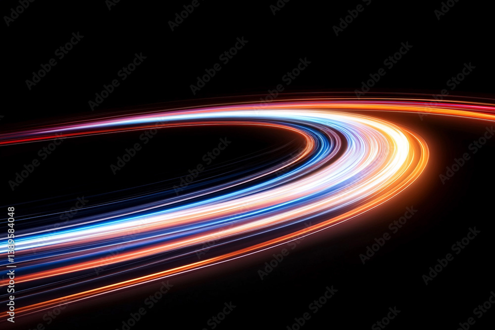 Poster futuristic light trails weaving through a dark digital environment with vibrant colors and dynamic m
