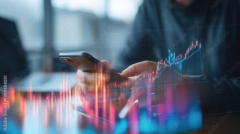 Poster trader using smartphone in modern office for forex analysis