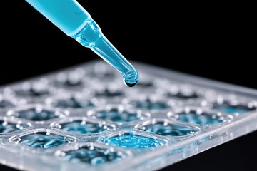 Precision drop from pipette about to touch clear microplate well