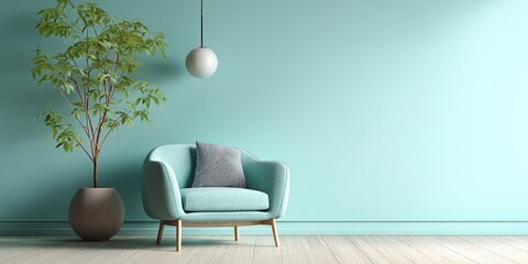 Modern Minimalist Architecture,A modern living room bathed in blue tones, showcasing minimalist furnishings and decor. The spacious design includes plenty of copy space for customization