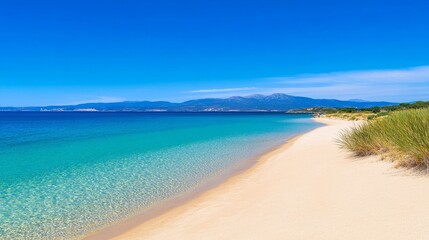 Serene beach landscape with clear turquoise waters, gentle waves, and distant mountains under a bright blue sky