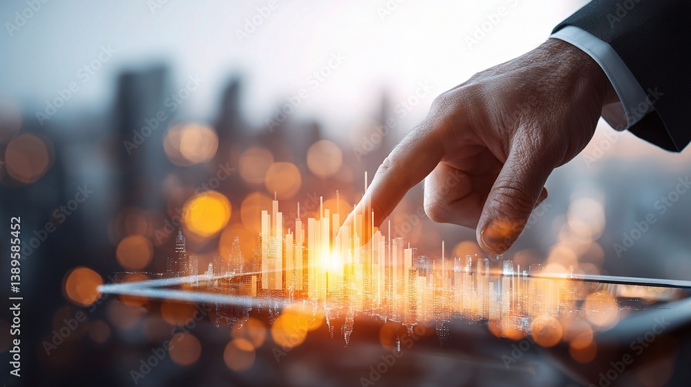 Poster businessman pointing at digital tablet with data visualization concept
