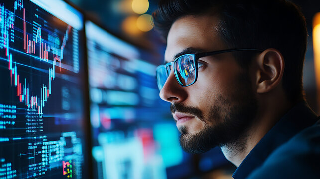 A quantum computing researcher developing quantum algorithms for financial market analysis, office with quantum computers and financial data models visible, High-tech style