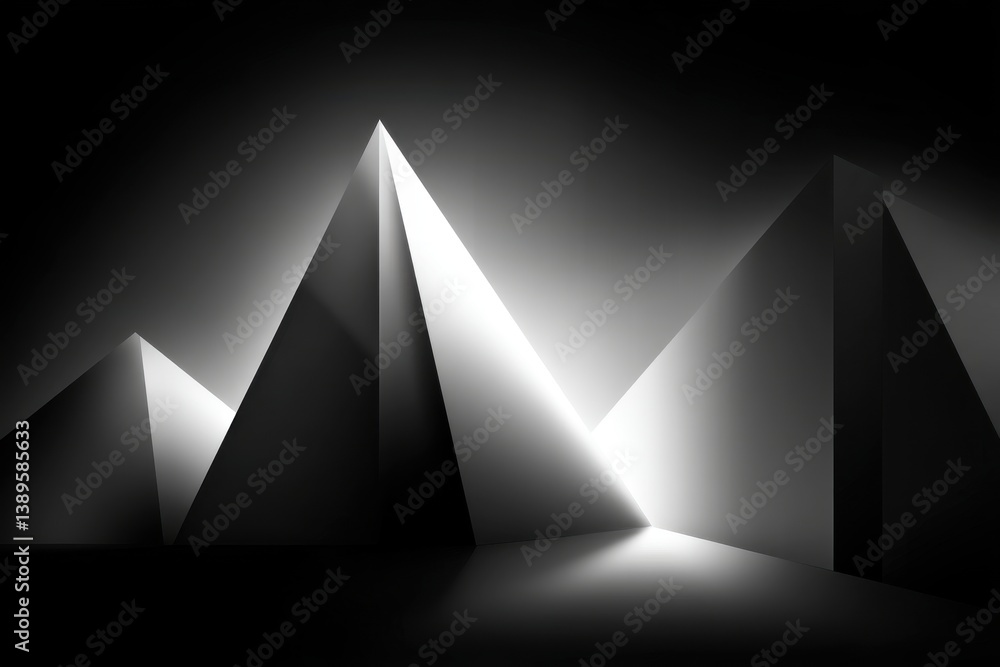 Poster abstract geometric shapes with sharp angles, highlighted by intense white light and shadows, creatin