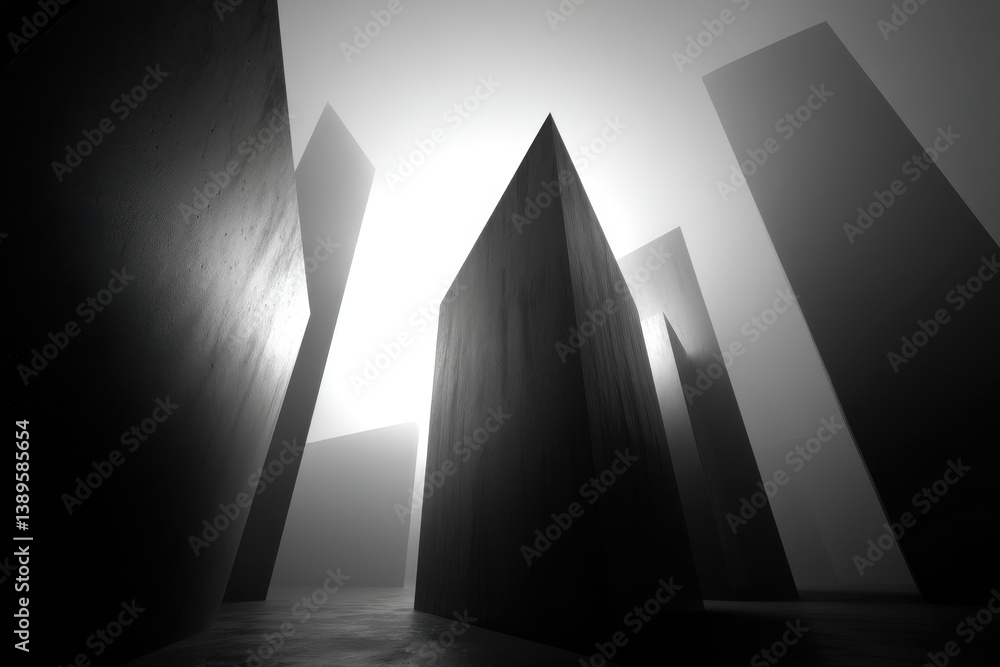 Poster a low-angle perspective of towering geometric monoliths in a dense, hazy atmosphere, creating a sens