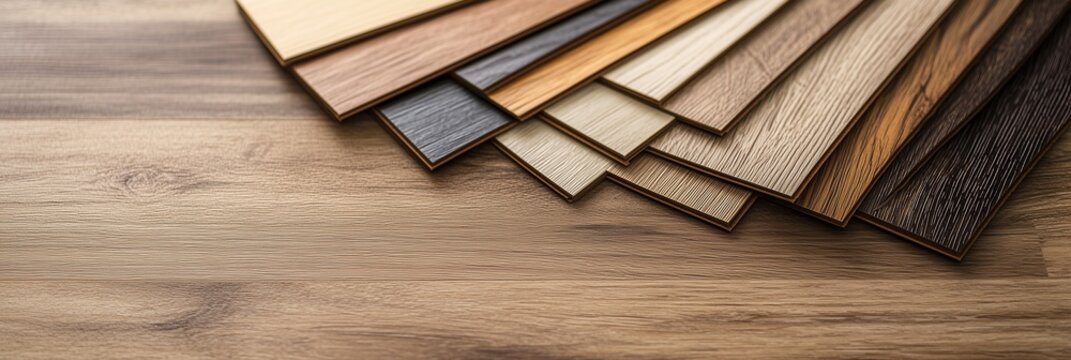 Wood laminate floor square samples. Assortment of parquet or laminate floor samples in natural colors. Oak wooden background.