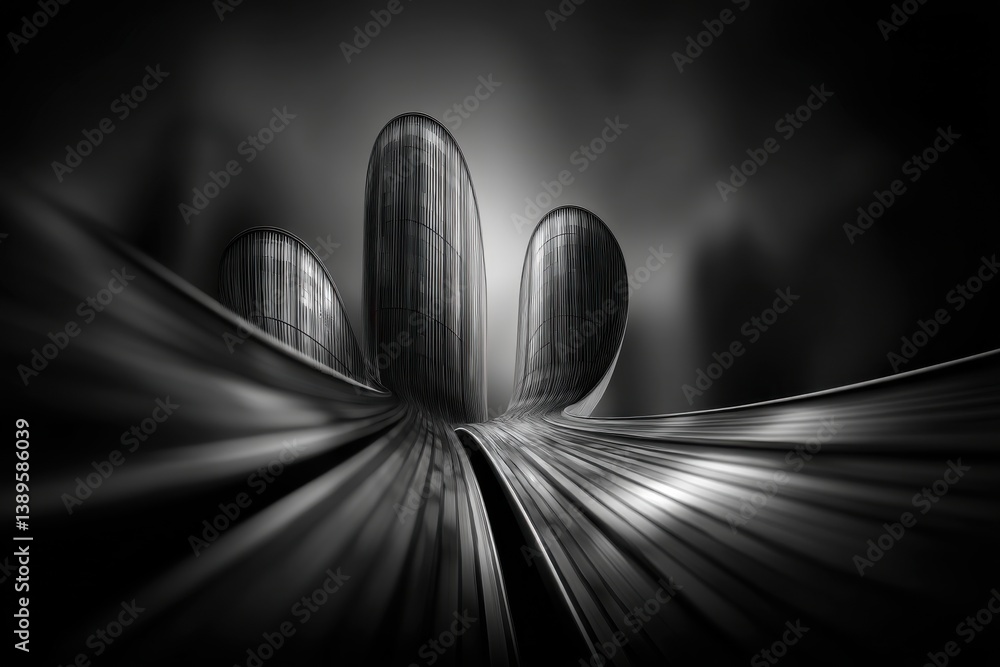 Poster an abstract black and white photo of a futuristic architectural building with flowing lines and curv