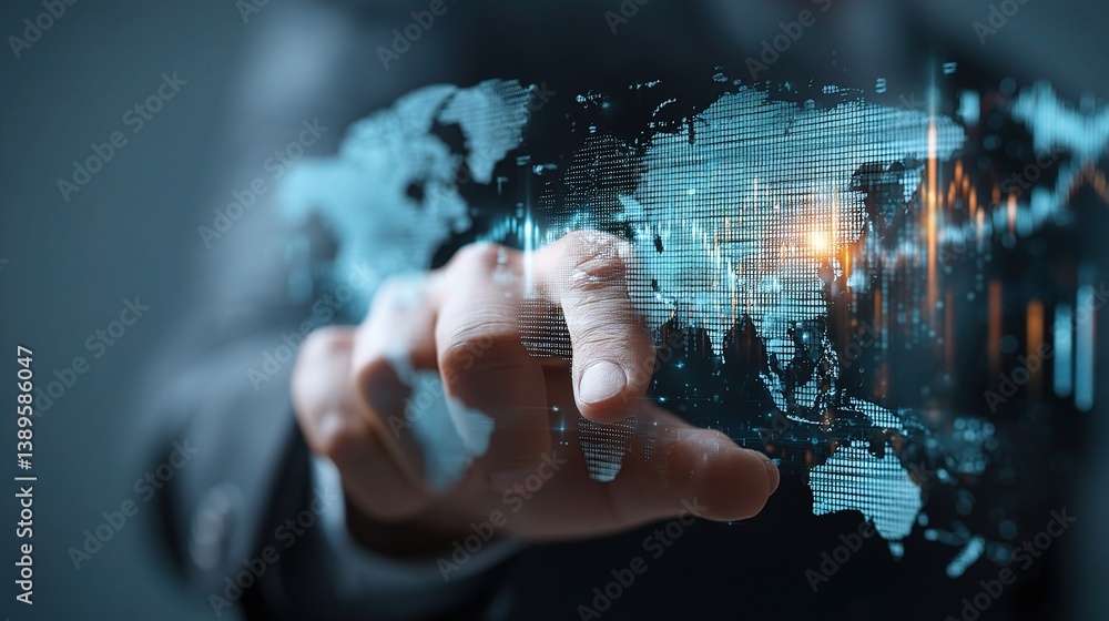 Poster business executive using holographic interface for data analysis
