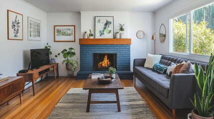 Modern living room with blue brick fireplace. Interior design, cozy atmosphere. Use Home d?cor inspiration