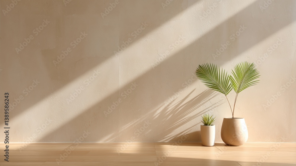 Poster modern minimalist architecture,minimalist wooden table with palm leaf shadows on beige background fo