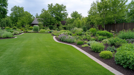 lush garden landscape featuring vibrant greenery, diverse plants, and well maintained lawn