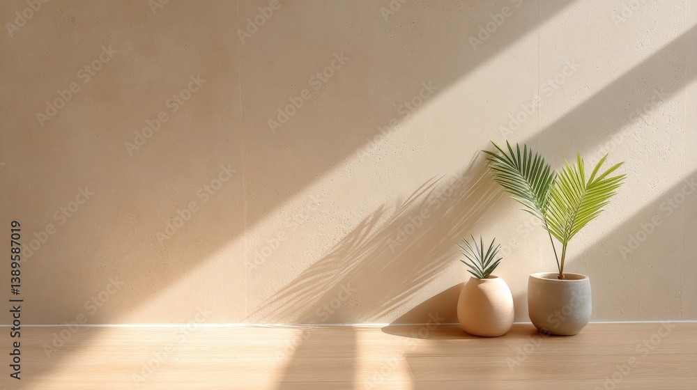 Aufkleber modern minimalist architecture,minimalist wooden table with palm leaf shadows on beige background fo