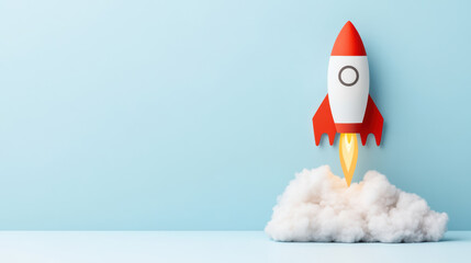 colorful rocket launching from cloud against light blue background, symbolizing innovation