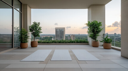 serene rooftop yoga space with mats laid out, overlooking city skyline at sunset