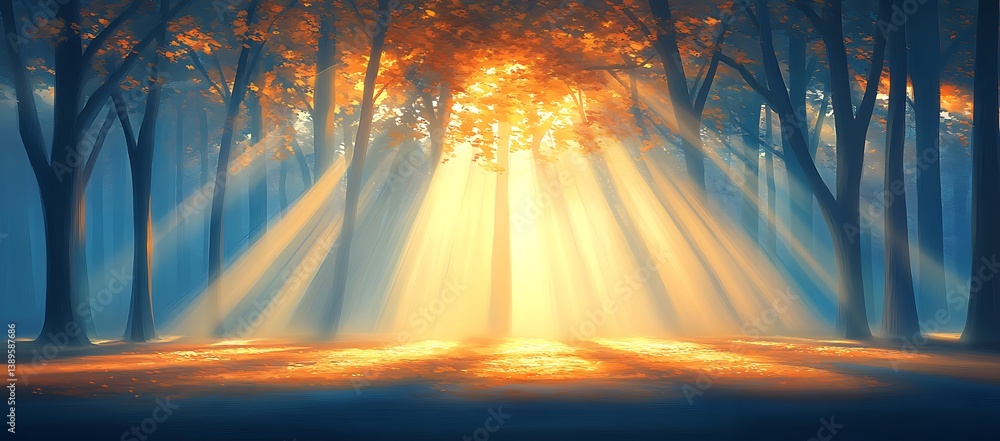 Poster sun rays shining through forest trees creating a beautiful scene