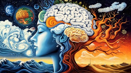 Fusion of abstract symbolism and emotional portrait art reflecting the dual nature of mind.