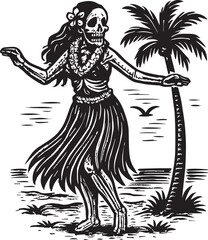 Fototapeta premium Hawaiian woman skull dancing on the beach vector illustration