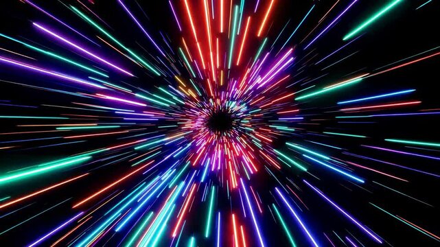 Dynamic video concept with a futuristic style, featuring a straight-on camera angle capturing colorful light streaks in a warp-speed effect. Live desktop wallpaper.