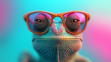  Close-up portrait of a chameleon wearing glasses on a colorful background, macro shot, 3D rendering, detailed skin texture.