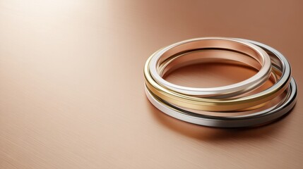 Stacked gold and silver rings forming a circle on a copper background