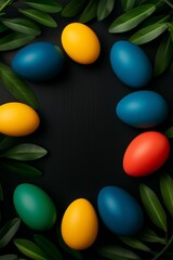 A flat lay of colorful Easter eggs arranged in an oval shape on a black background, surrounded by green leaves. 