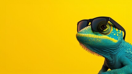 Lizard is wearing sunglasses on a yellow background, with a copy space concept. 
