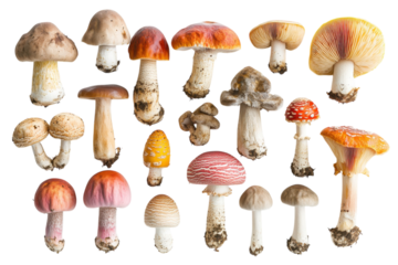 Vibrant array of colorful mushrooms displayed on white background showcasing diverse textures and