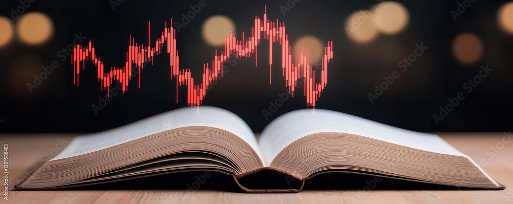Poster open book with digital lights chart revealing financial technology concept. an open book with a dyna