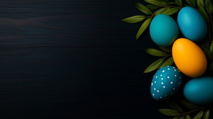 Blue and yellow Easter eggs on a black wooden table with green leaf decorations, flat lay, top view, copy space.