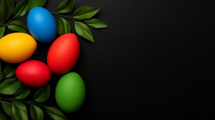  Colorful Easter eggs with green leaves on a black background, in a flat lay arrangement, top view, with copy space.