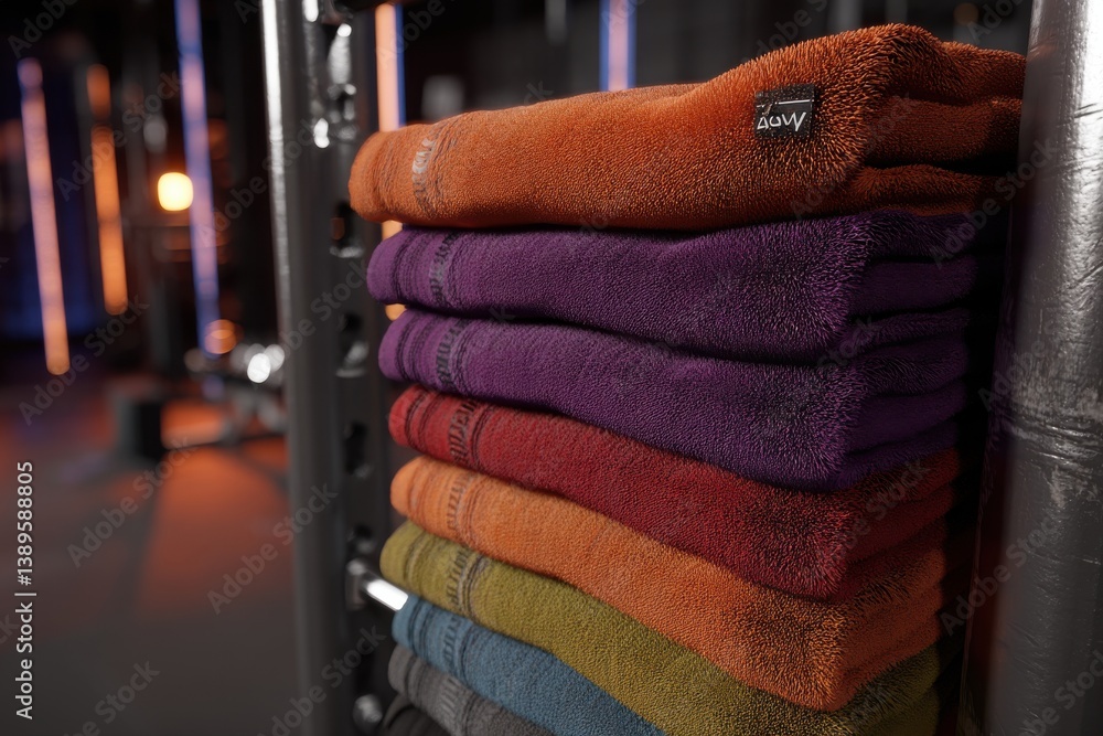 Aufkleber a neatly folded stack of vibrant colorful towels in a gym setting, showcasing soft texture and a ran
