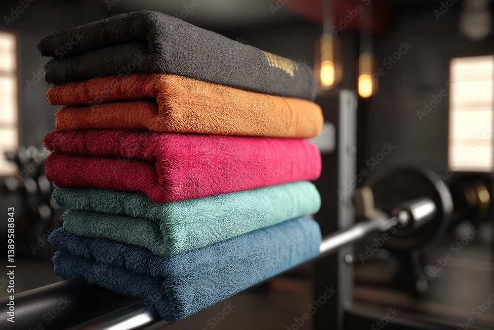 Poster a stack of plush, colorful towels in a fitness environment conveys readiness for use, adding a touch