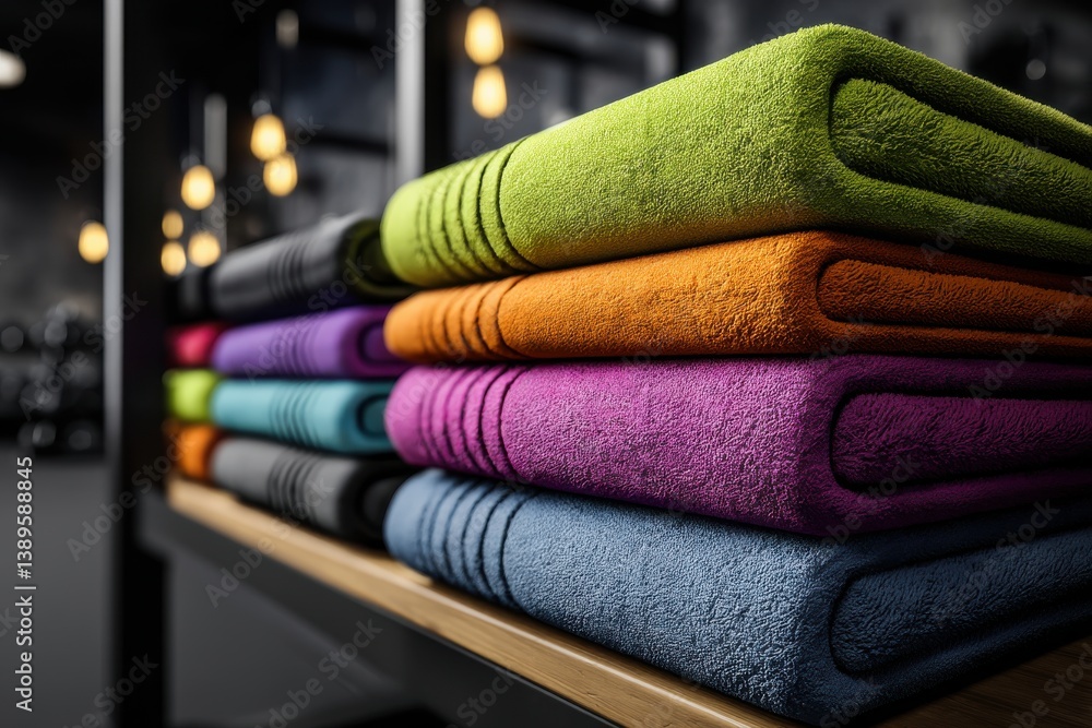 Aufkleber a vibrant stack of neatly folded towels in a modern gym setting, showcasing a spectrum of colors and