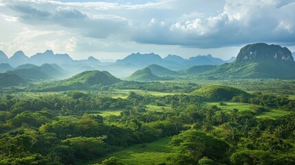 Fototapeta premium Vast landscapes with distant mountains and lush forests