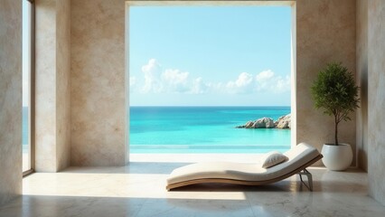 Obraz premium Serene Coastal Sanctuary Relaxing Lounge Chair Overlooking Tranquil Ocean and Infinity Pool from a Modern Minimalist Room