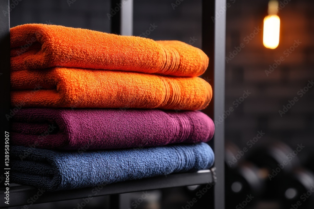 Poster a neatly stacked pile of colorful towels in a gym environment, showcasing soft textures and inviting