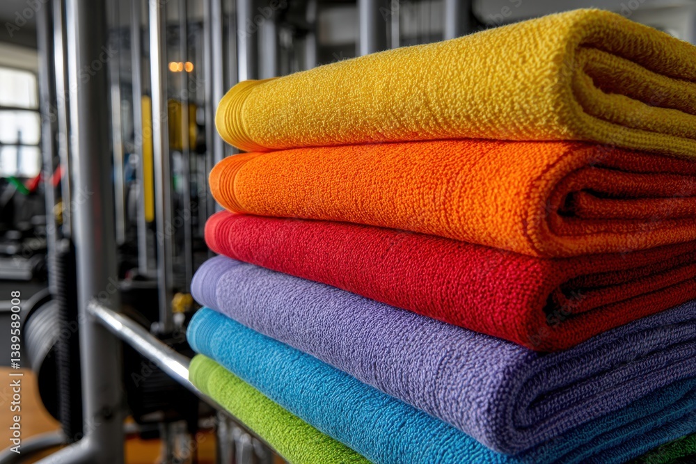 Aufkleber a stack of colorful towels neatly folded and placed on a rack in a gym setting, ready for use after 