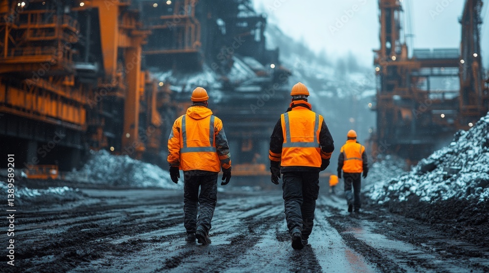 Aufkleber Mining workers dressed in safety gear walk through a muddy site surrounded by heavy machinery, emphasizing the importance of excavation and energy infrastructure in their operations.