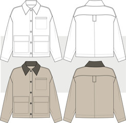 Unisex utility Cargo Jacket, workers jacket fashion technical drawing illustration, vector. front and back view, men women jacket. cad, mockup. Mens Chore Coat Worker Jacket.