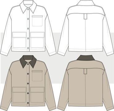 Unisex utility Cargo Jacket, workers jacket fashion technical drawing illustration, vector. front and back view, men women jacket. cad, mockup. Mens Chore Coat Worker Jacket.