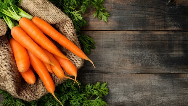 Carrots with green tops lie on burlap sack against wooden background.