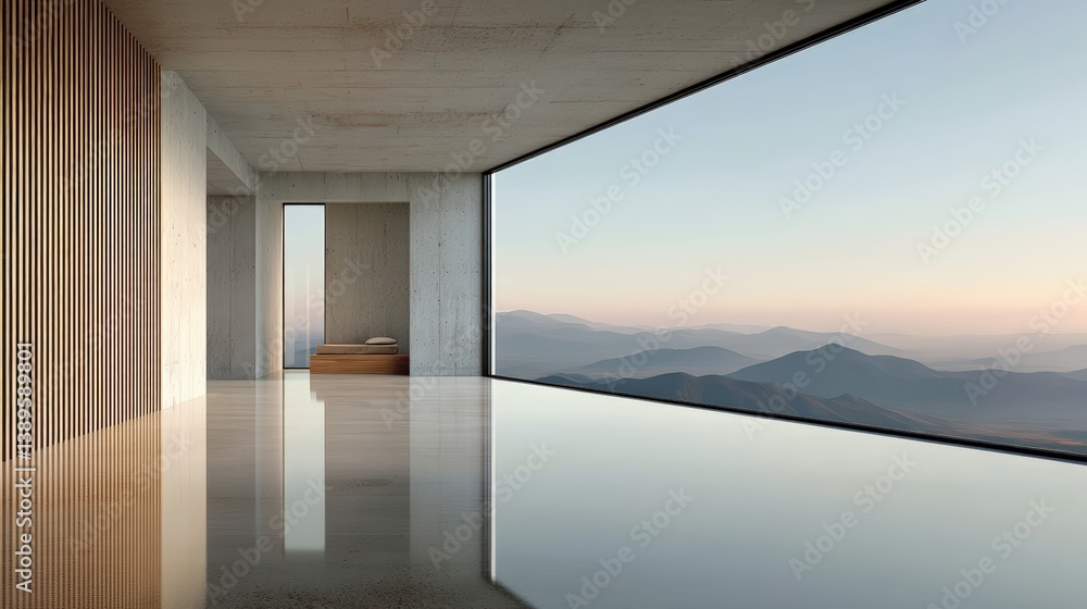 Poster modern minimalist architecture,modern architectural interior with mountain view at dawn highlighting